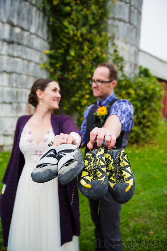Showing off their climbing shoes -- Inn at Valley Farms Walpole NH Wedding by Lee Germeroth Photography