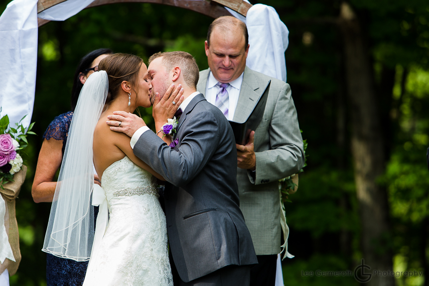First Kiss at Ceremony Photo at Stonewall Farm in Keene NH by Wedding Photographer Lee Germeroth