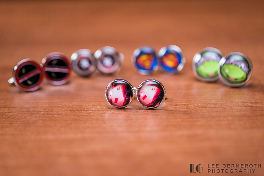 Custom superhero cufflinks -- Mount Snow Grand Summit Resort Wedding by Lee Germeroth Photography