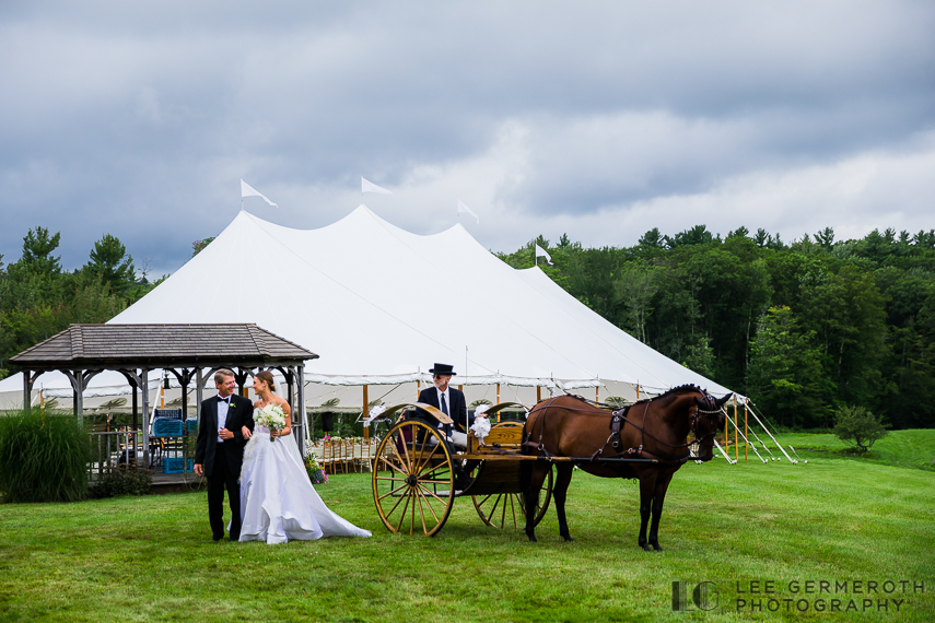 Bride arriving by horse and buggy -- Nelson NH Luxury Wedding Lee Germeroth Photography