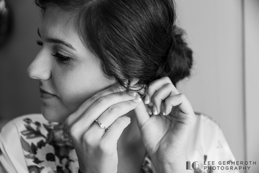Detail photo of bride and earrings -- Woodbound Inn NH Wedding Photography by Lee Germeroth Photography